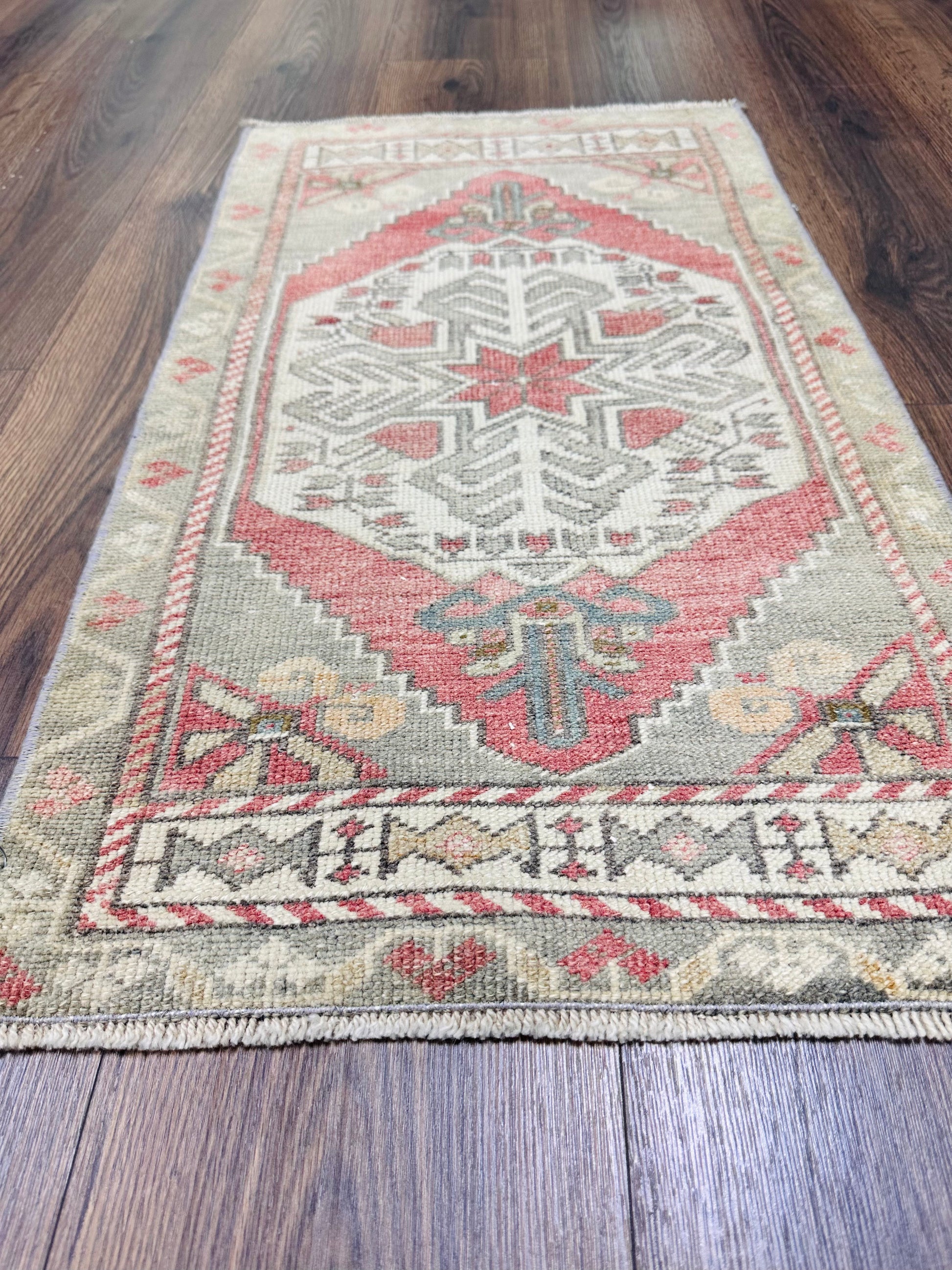 19x35 hand knotted, wool on wool, vintage Turkish mini rug